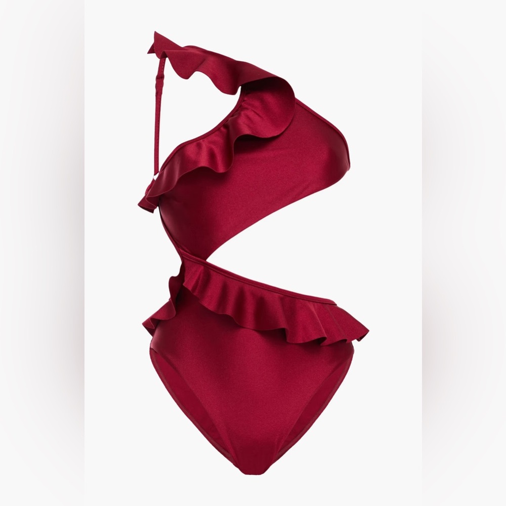 ZIMMERMAN ONE SHOULDER RUFFLE CUT OUT  ONE PIECE SWIMSUIT SZ 1 SMALL CRIMSON